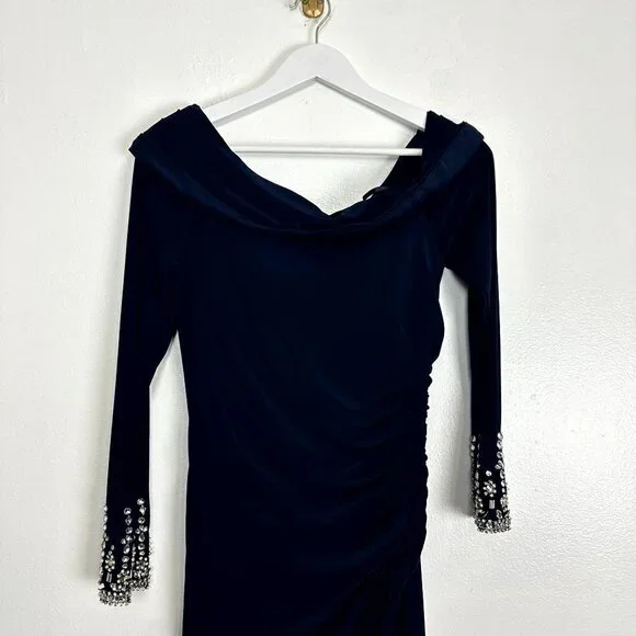 MAC DUGGAL One-Shoulder Long Sleeve Jersey Gown in Midnight Size US 4
